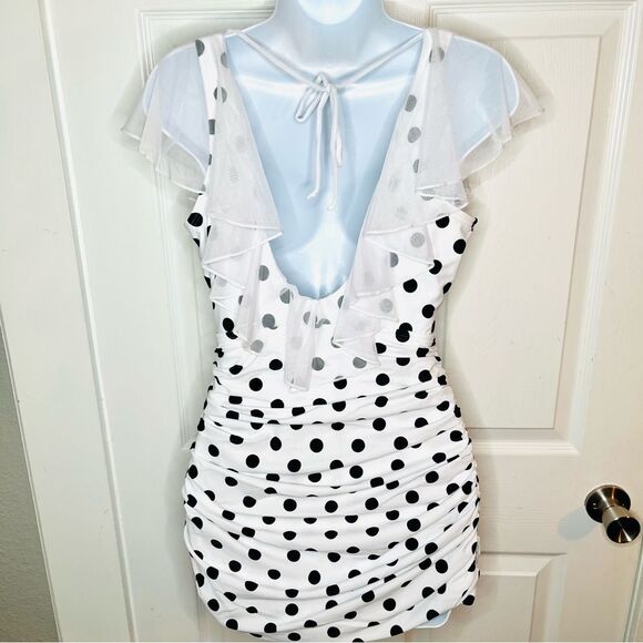 Unique Vintage Polka Dot Ruffle Sheath Swimsuit Mesh Ruffle Black White M NWT - Picture 8 of 11